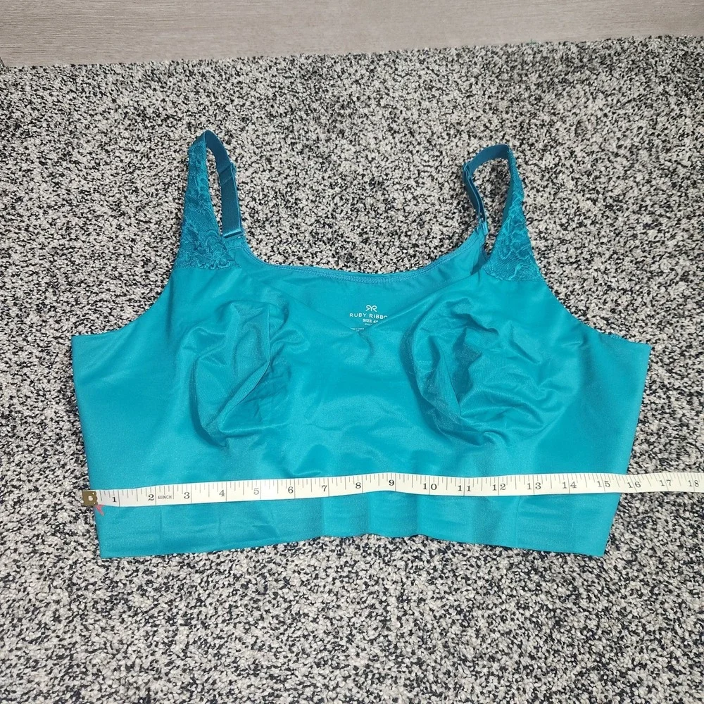 Ruby Ribbon Blue Green Teal Lace Bra Size 48 Wireless Adjustable Straps Seamless